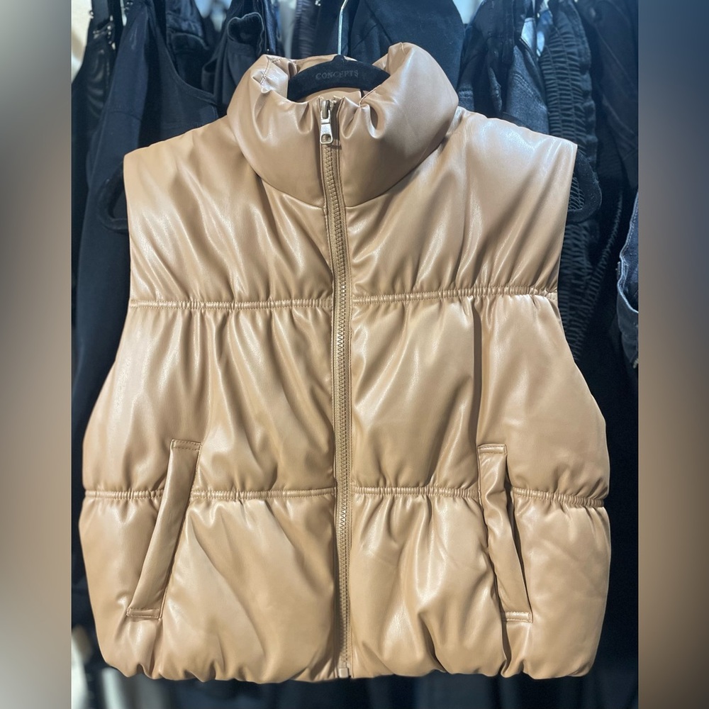 🎉HOST PICK❣️Love Tree Faux Leather Puffer Vest-Camel High Neck Sleeveless Jacket